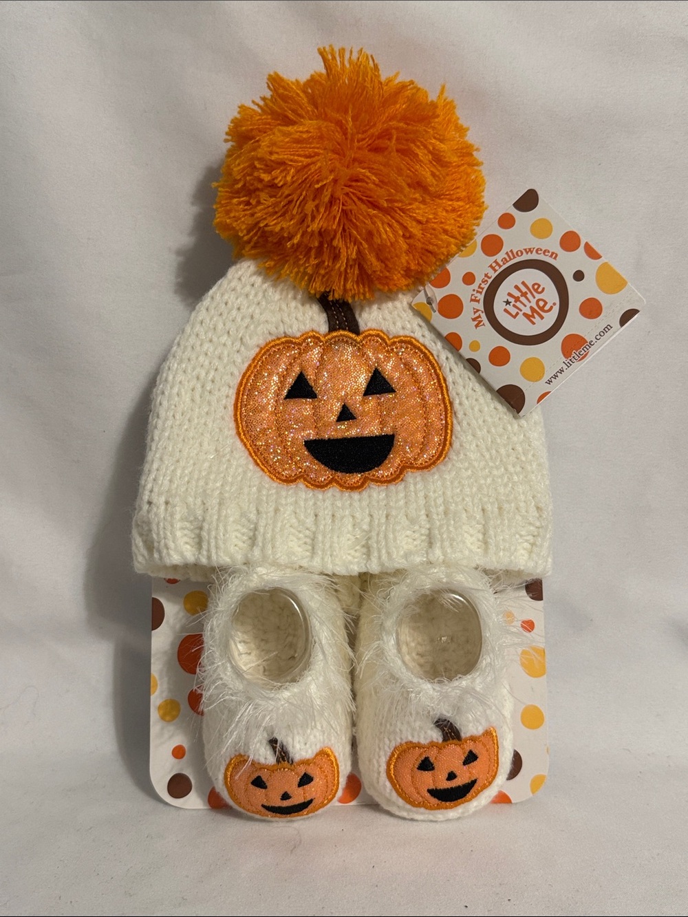 NWT 1st Halloween Hat and Booties - Pumpkin Pom Knit Hat - Little Me 0-6 months